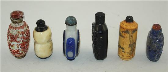 Six Chinese snuff bottles, in various materials, 19th / 20th century, 5cm - 6.5cm
